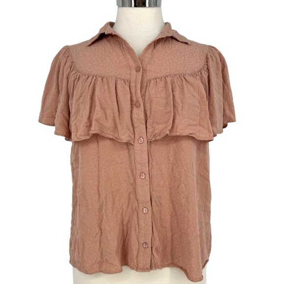 Downeast Pink Ruffled Button-Down Blouse Short Sleeve Size Medium - Picture 1 of 12